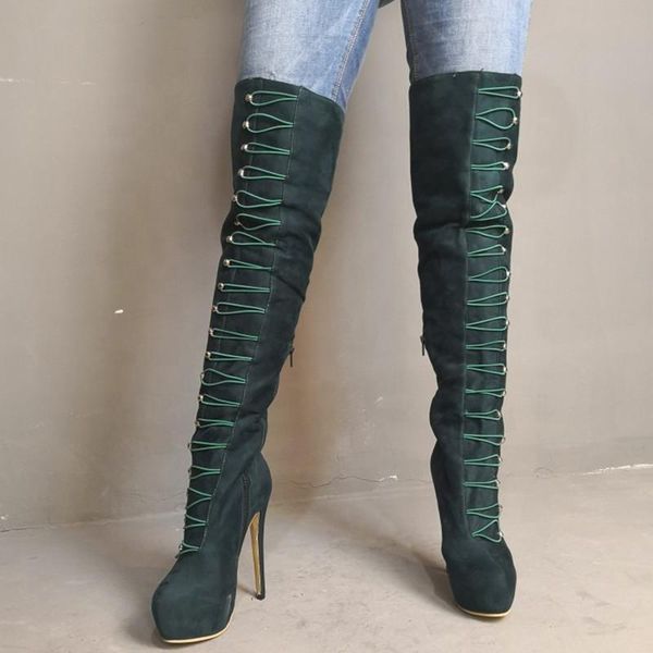 

boots front cord lock design side half-zip big size 47 women over knee high platform round toe thin heel long booties for ladies, Black
