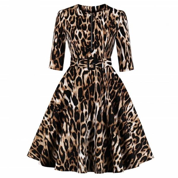 

women leopard print womens dress casual spring autumn vintage style elegant frilled a line hem midi dresses tunic swing vestido, Black;gray