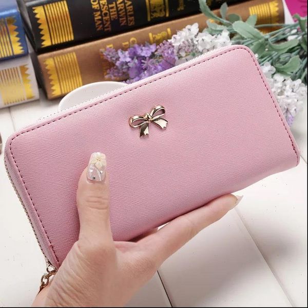 

korean fashion women bowknot long wallets 8 colour pu leather female coin purse money phone card holder bag zipper clutch, Red;black