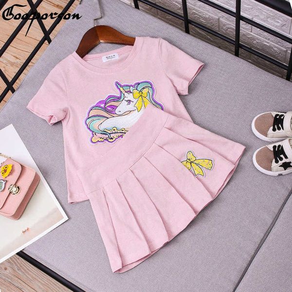 

girls clothes set short sleeve cartoon pink unicorn shirt and skirt clothing set girls summer outerwear dress 210715, White