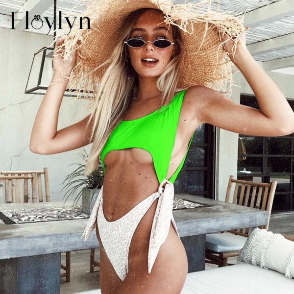 

one-piece suits floylyn neon green thong one piece swimsuit high cut leopard swimwear women knot monokini out bathing suit