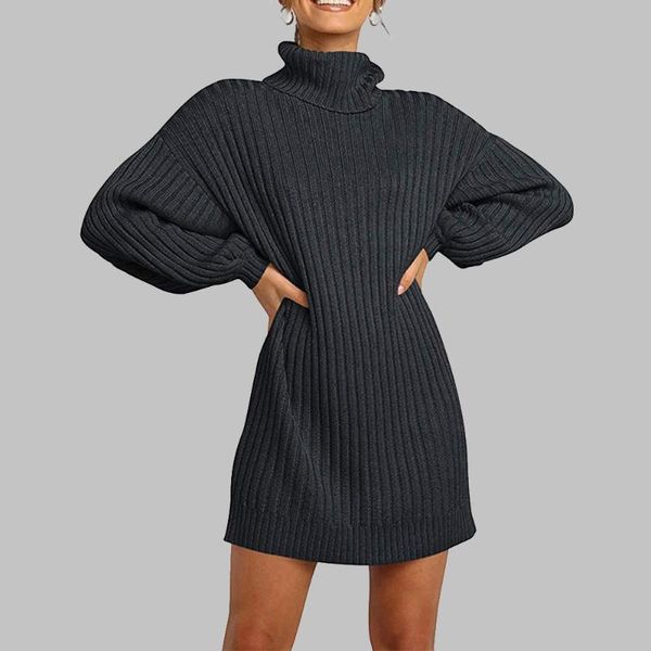 

casual dresses western style autumn winter turtleneck dress loose trendy thin elastic simple lantern sleeve sweater, Black;gray