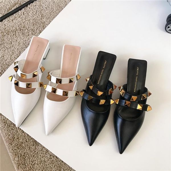 

spring women slipper fashion brand rivet pointed toe slip on mules shoes low heel ladies slides female outdoor sandal slippers, Black