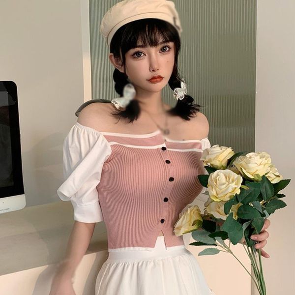

women's t-shirt women square collar patchwork t-shirts puff sleeve knitted slim short summer t shirts, White