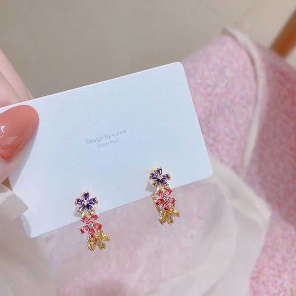 

hoop & huggie korea design fashion jewelry exquisite copper inlaid zircon color flower earrings elegant women's wedding party accessori, Golden;silver