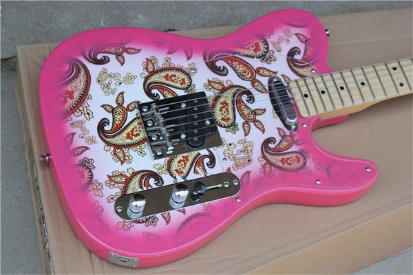 

6 strings pink electric guitar with flower pattern,basswood body,maple neck