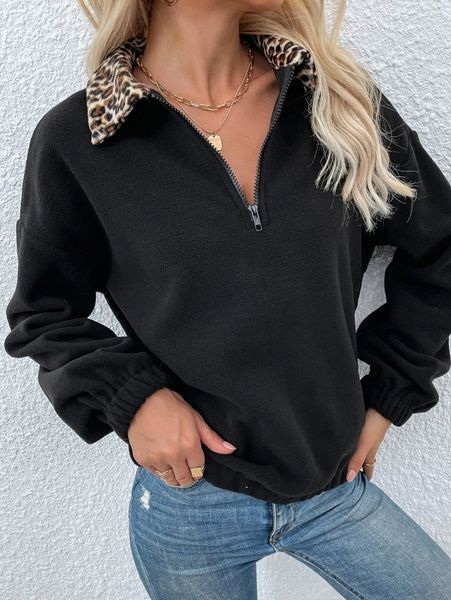 

contrast leopard half zipper fleece sweatshirt g3u0#, White;black