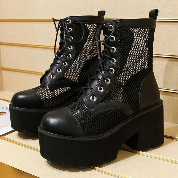

boots 2021 women's autumn summer mid mesh platform square high heel lace up casual shoes big size g00001, Black