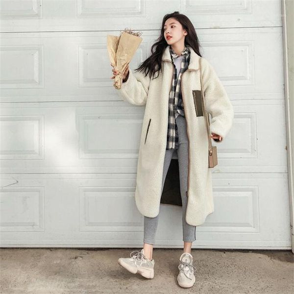 

women's wool & blends winter color-blocking lamb coat korean style loose two-color casual long clothes over-the-knee cotton white fashi, Black