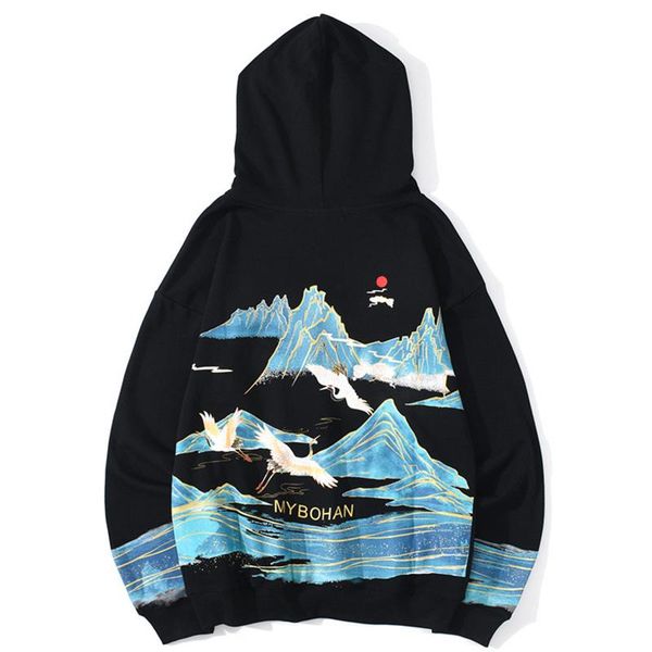 

men's hoodies & sweatshirts men harajuku hoodie sweatshirt autumn embroidered mountain clouds japanese streetwear hooded pullover cotto, Black