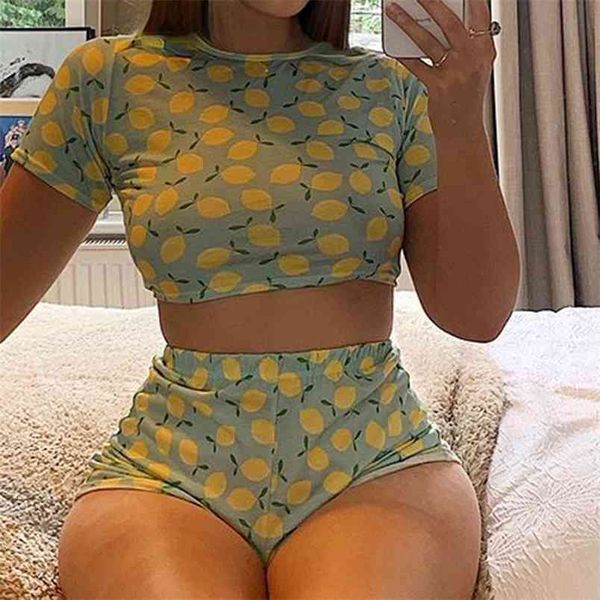 

summer casual women lemon printing 2 pieces set home wear round collar short sleeve crop and shorts comfort suit s-3xl 210517, White