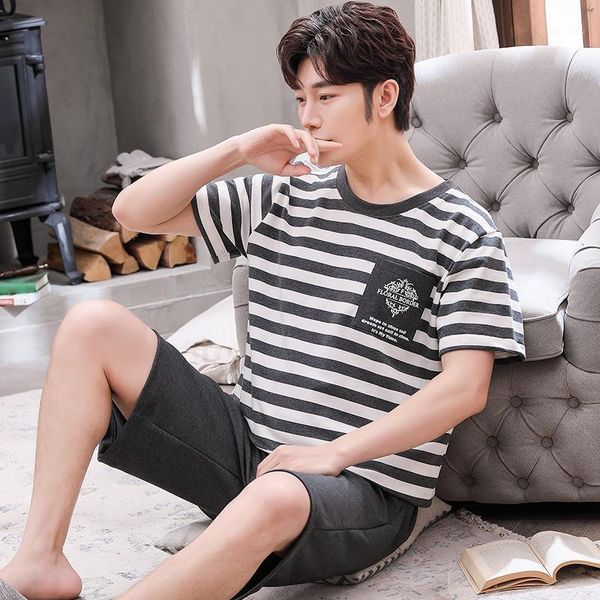 

men's sleepwear summer fashion gray stripe men pajamas set short sleeve t shirt cotton loose plus size home wear o-neck casual, Black;brown