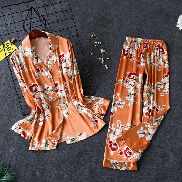 

women sleepwear pajamas floral print shirts and pants 2pcs pajama set silk pijama spring nightwear home clothes, Black;red