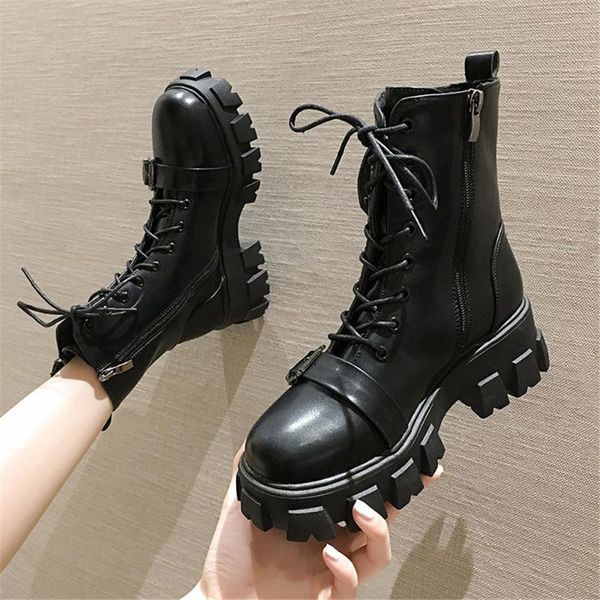 

boots 2021 ladies thick sole punk combat ankle fashion platform women's high heels wedge gothic shoes female sneakers 35-40, Black