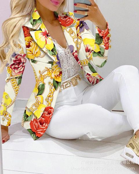 

women's suits & blazers print jacket women elegant cardigan spring autumn long sleeve office coats outwear, White;black