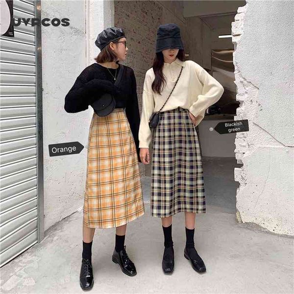 

skirts women plaid classic elegant high waist all-match loose chic harajuku womens skirt korean style daily a-line vintag 210712, Black