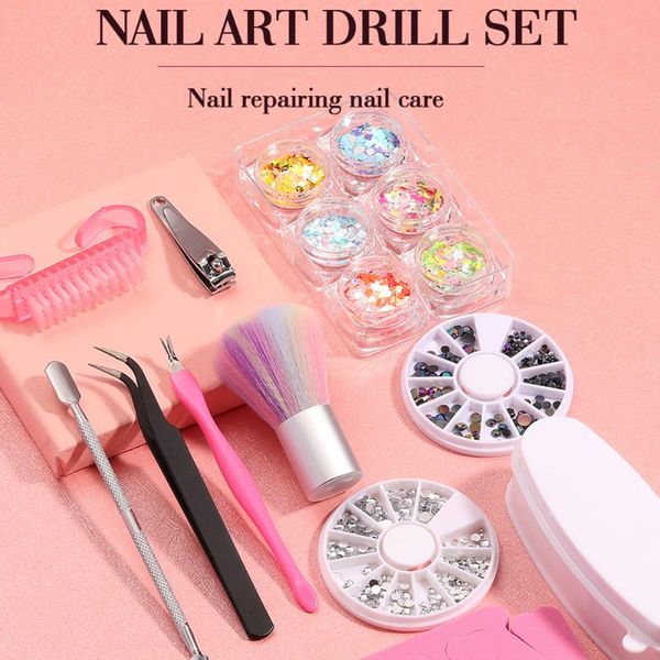 

11pcs nail art kits sequins glitter dead skin steel tweezers manicure care tools accessories decoration sets