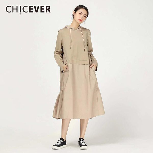 

casual dresses chicever patchwork ruched dress for women drawstring hooded long sleeve loose fashion female clothing 2021 style, Black;gray