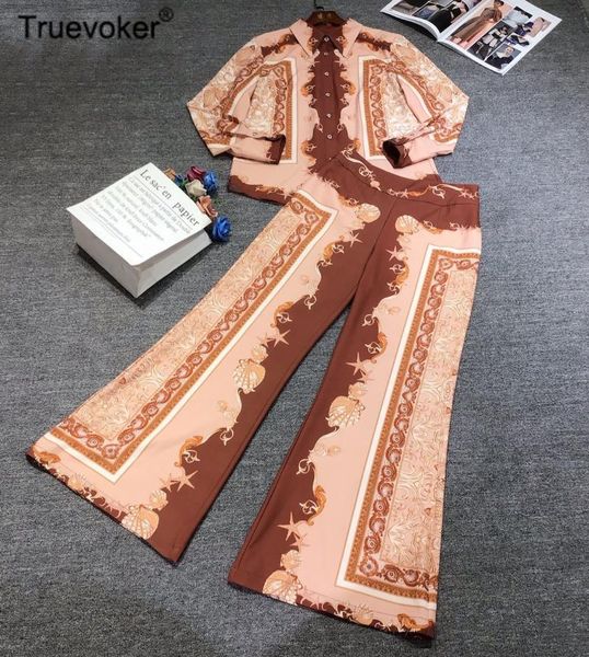 

women's tracksuits truevoker european runway fashion trends pant set women full sleeve vintage print shirt + long holiday twinset, Gray