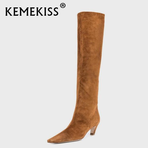

boots kemekiss women fashion knee high flock square toe strange heels slip on solid color retro ladies footwear size 34-43, Black