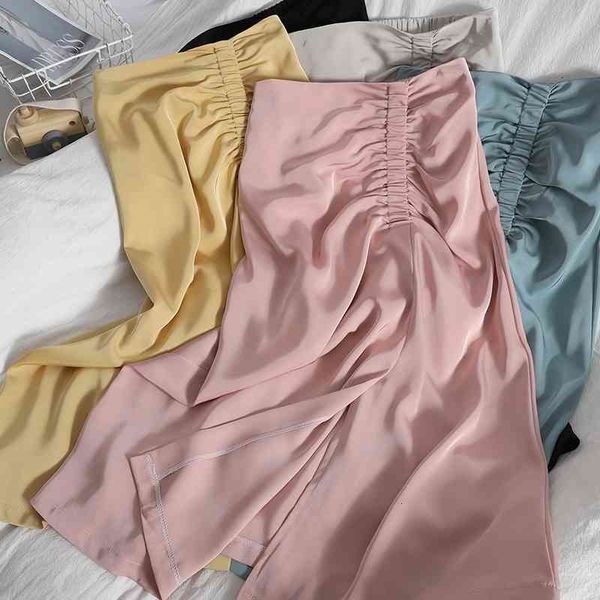 

women's pants & capris korean summer gentle solid color skirt folds high waist split elegant mid-length for womens sweet blue vint, Black;white