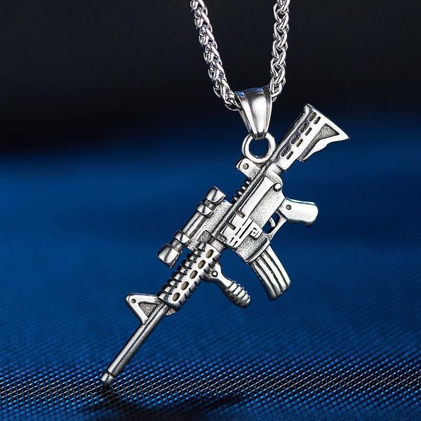 

pendant necklaces gothic style current fashion army machine gun retro men metal stainless steel punk neck chains steampunk, Silver