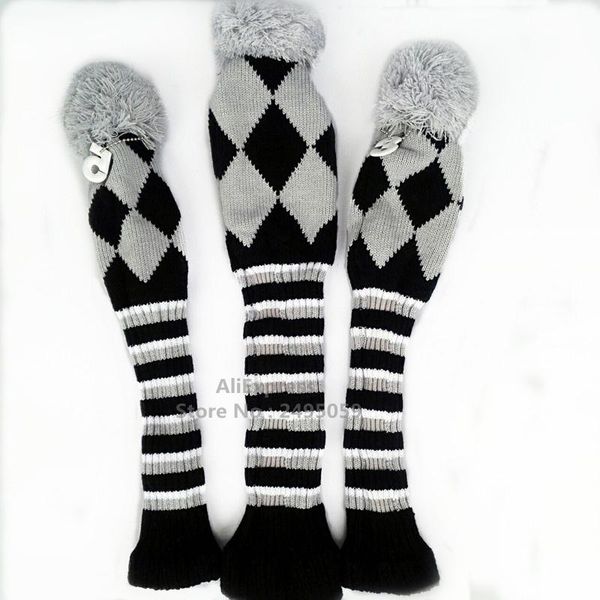 

design 1 3 5 one set pom head covers knit sock navy gray golf club cover headcovers , make oem small order complete of clubs
