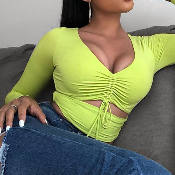 

women's t-shirt streetwear short women 2021 long sleeve v neck hollow out crop club street fashion casual solid slim fit top, White
