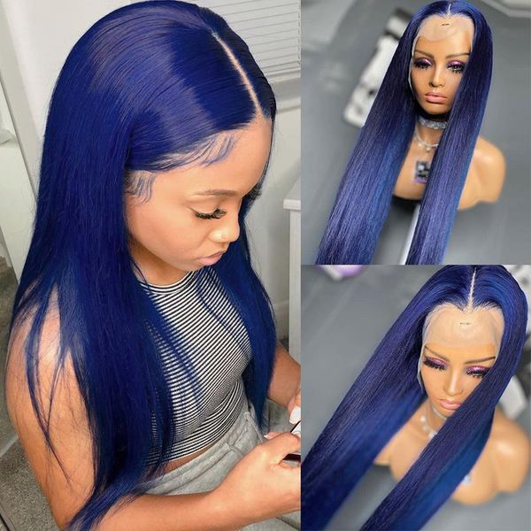 

lace wigs dark blue color straight 13x4 front brazilian remy hair closure body wave wig with baby for women, Black;brown