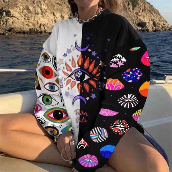 

autumn contrast print patchwork women sweatshirt long sleeve o-neck female pullover streetwear casual all-match ladies hoodies 210813, Black