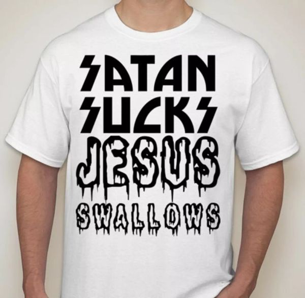 

satan sucks jesus swallows 666 devil joke atheist t shirt tee, White;black