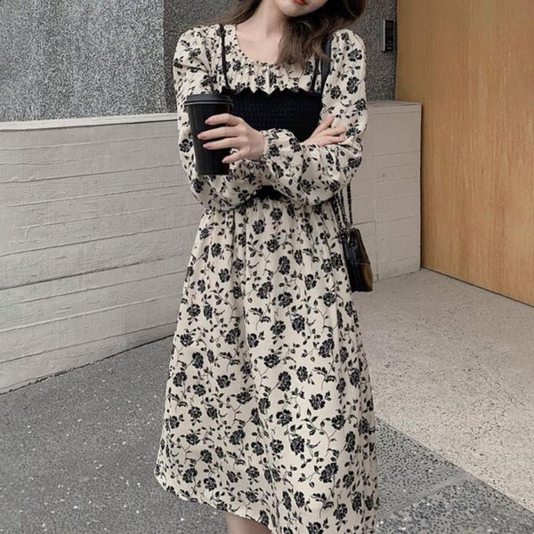 

casual dresses women's dress floral print vintage high waist patchwork spring 2021, Black;gray