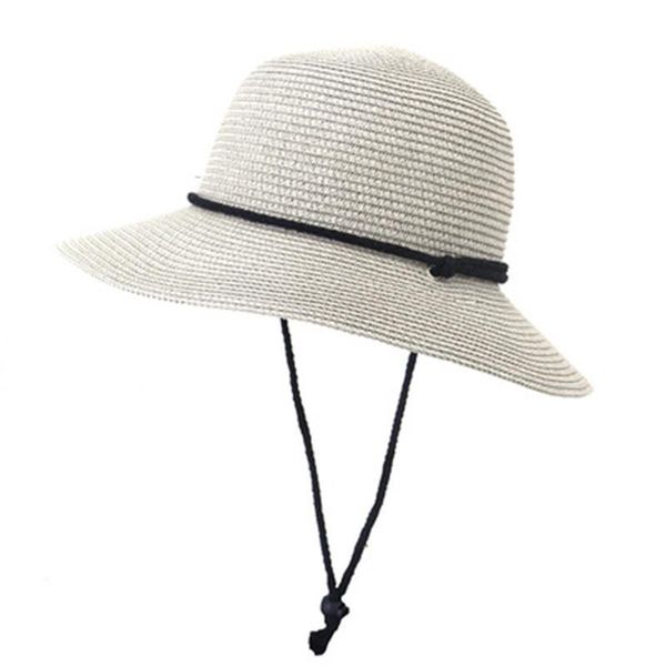 

bucket straw hats women wind proof rope summer solid khaki black sun protection outdoor beach wide brim, Blue;gray