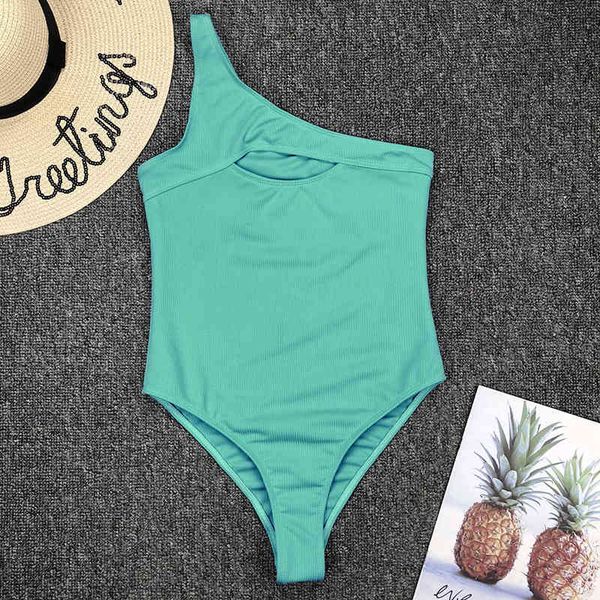

2021 new ribbed shoulder female swimwear swimsuit women high cut monokini hollow out bathing suit swim bodysuitb