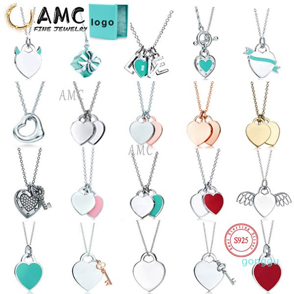 

luxury- amc tiff necklace 925 silver pendant necklace female jewelry exquisite craftsmanship official logo classic blue heart necklace