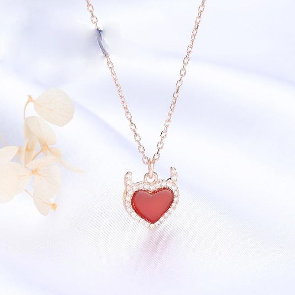 

chains pure silver devil's heart necklace women's micro inlaid red agate love