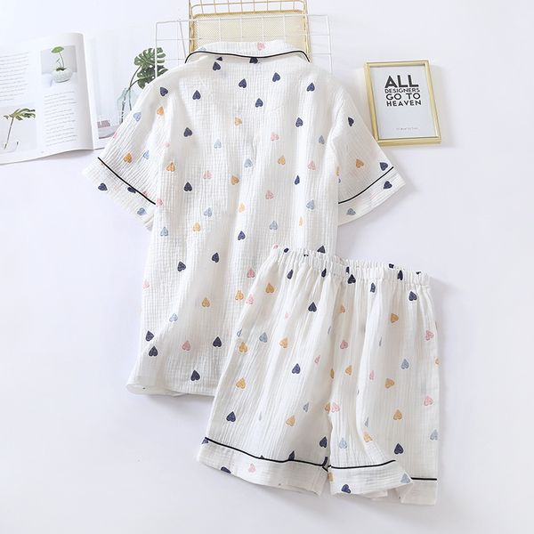 

japanese summer new ladies cotton gauze short sleeve shorts pajamas cute heart-shaped thin section home service suit woman, Black;red