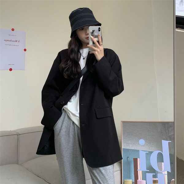 

spring loose contracted blazer female retro chic show thin profile leisure suit black grey color 210427, White;black