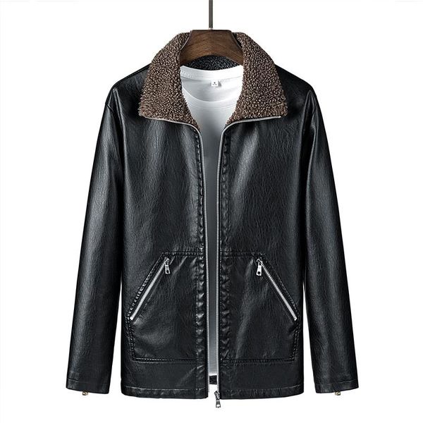 

men's leather & faux autumn winter motorcycles brown genuine jacke blazer business coat turn-down collar with fur real jacket coats, Black