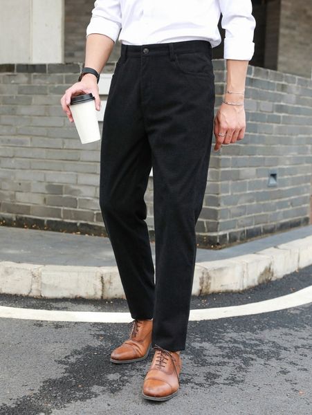 

men solid slant pockets pants v804#, Black