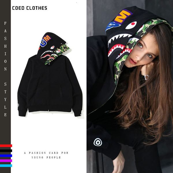

hoodies brand double hat shark ape head coat men's women's same camouflage hoodie, wide versatile couple's sweater, Black