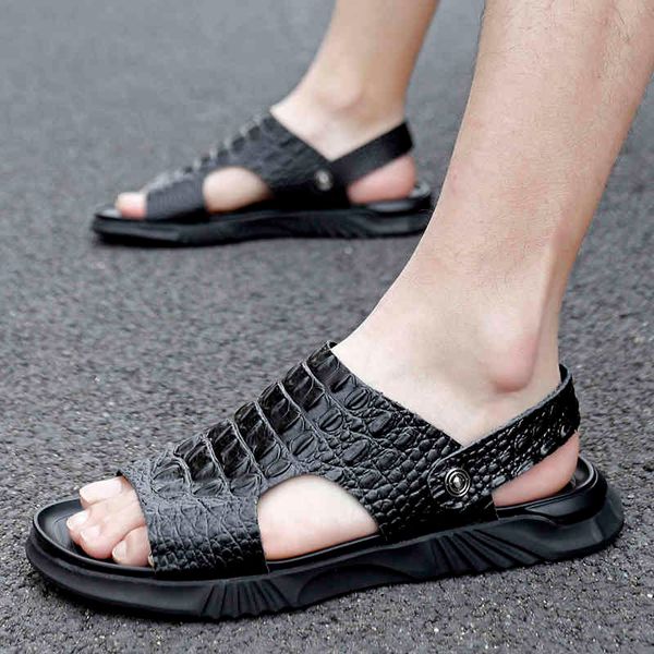 

slippers 2021 classic summer men sandals genuine leather breathable male outdoor beach soft comfortable shoes casual sandalia kkcs, Black