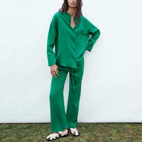 

women's two piece pants spring and autumn casual solid color round neck long sleeve pocket decorative shirt + high waist straight set, White