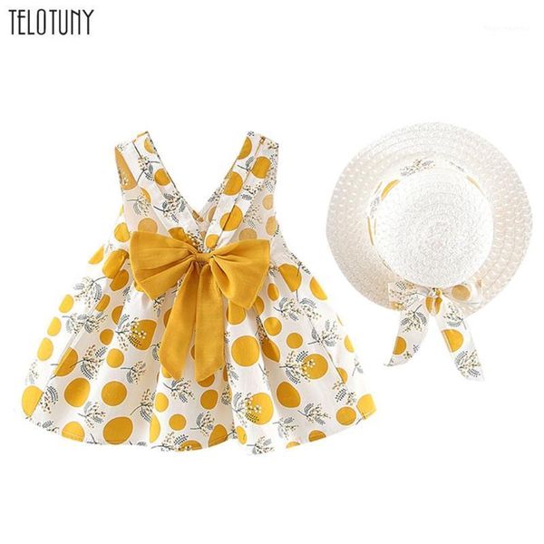 

girl's dresses telotuny baby girls summer 2 piece children clothes sleeveless birthday party bow princess print dress+hat set l3061, Red;yellow