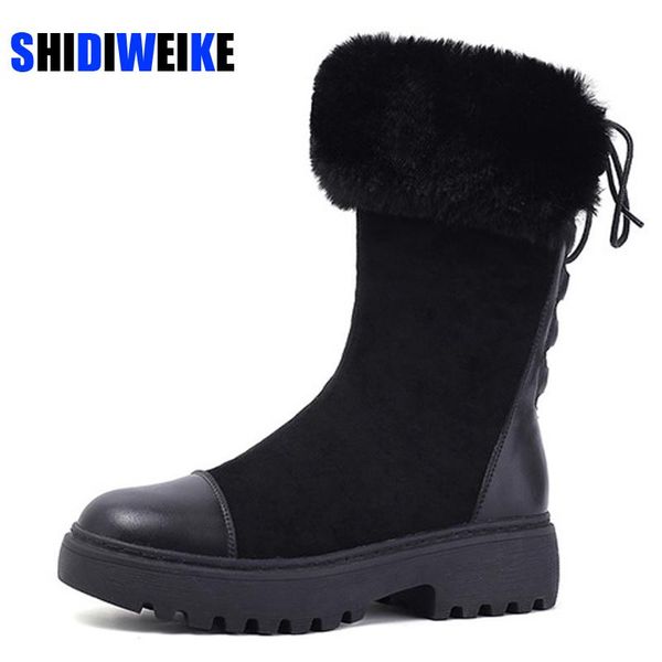 

boots snow female high help thick bottom non-slip winter shoes 2021 flat wild plus warm velvet ac218, Black