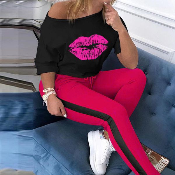 

women's tracksuits off shoulder suit 3/4 sleeve t- shirt and long pants two piece set women autumn streetwear suits woman uhd8, Gray