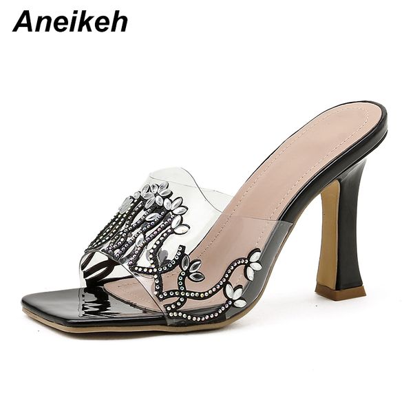 

transparent rhinestone pvc women mules summer head peep toe thin high heel fashion slip on slides ladies party shoe 210507, Black