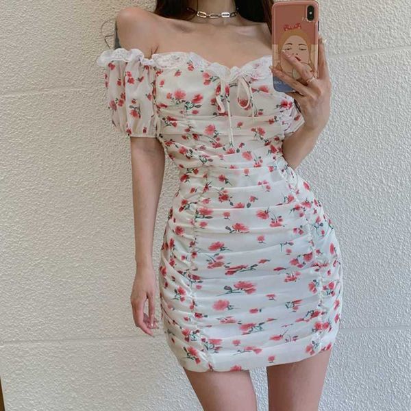 

women fashion floral print ruffled draped mini dress vintage off the shoulder female dresses vestido 210529, Black;gray