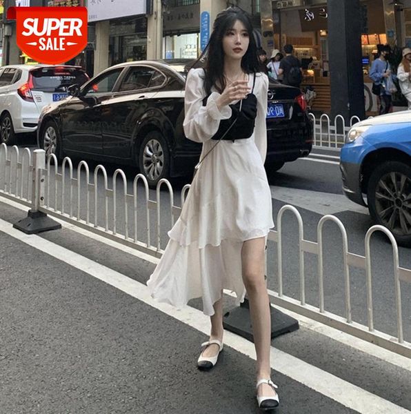 

romantic fairy skirt, moving and flowing women, irregular temperament, slit square neck dress, mid-length dress #wn1u, Black;gray