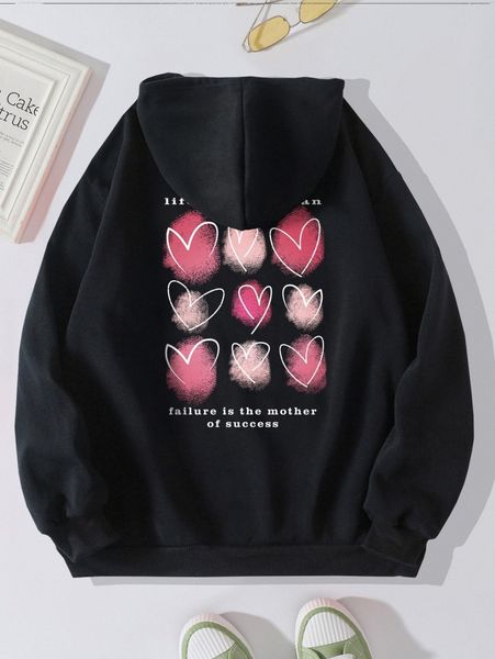 

slogan & heart print kangaroo pocket drawstring thermal hoodie j3ii#, White;black